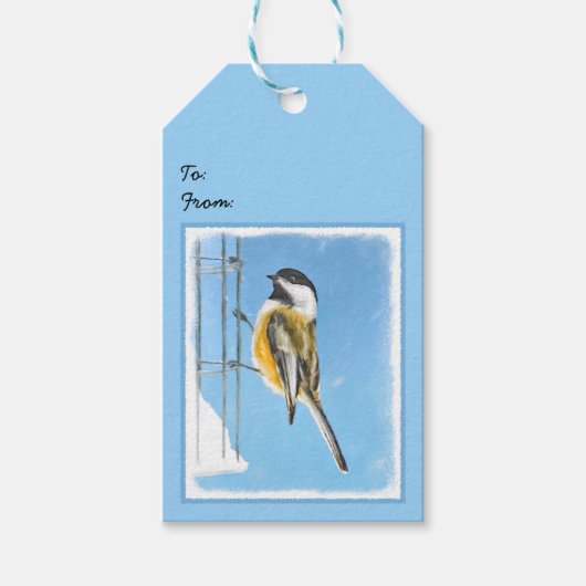 Chickadee on feeder Painting - Original Bird Art Cadeaulabel (Voorkant)