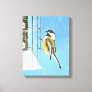 Chickadee on feeder Painting - Original Bird Art Canvas Afdruk
