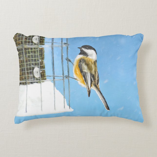 Chickadee on feeder Painting - Original Bird Art Decoratief Kussen (Voorkant)