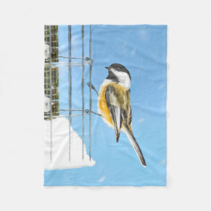 Chickadee on feeder Painting - Original Bird Art Fleece Deken