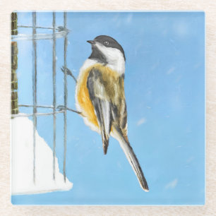 Chickadee on feeder Painting - Original Bird Art Glazen Onderzetter