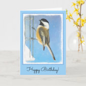 Chickadee on feeder Painting - Original Bird Art Kaart (Gele Bloem)
