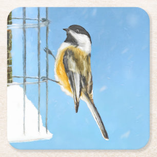 Chickadee on feeder Painting - Original Bird Art Kartonnen Onderzetters