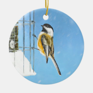 Chickadee on feeder Painting - Original Bird Art Keramisch Ornament