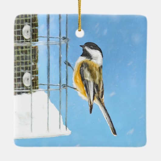 Chickadee on feeder Painting - Original Bird Art Keramisch Ornament (Achterkant)