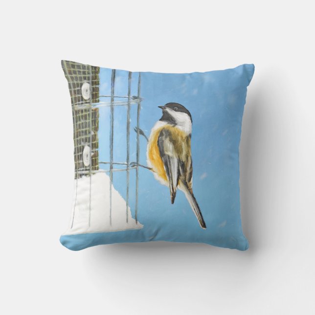 Chickadee on feeder Painting - Original Bird Art Kussen (Voorkant)