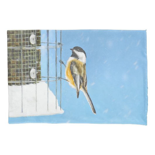 Chickadee on feeder Painting - Original Bird Art Kussensloop (Voorkant)