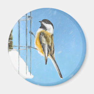 Chickadee on feeder Painting - Original Bird Art Magneet