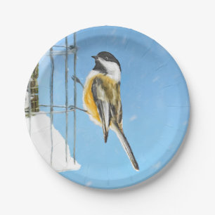 Chickadee on feeder Painting - Original Bird Art Papieren Bordje