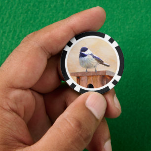 Chickadee on feeder Painting - Original Bird Art Poker Chips