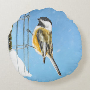Chickadee on feeder Painting - Original Bird Art Rond Kussen