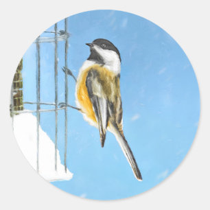 Chickadee on feeder Painting - Original Bird Art Ronde Sticker
