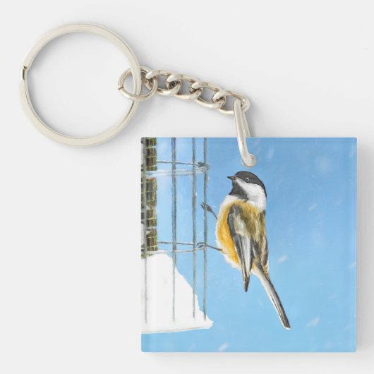 Chickadee on feeder Painting - Original Bird Art Sleutelhanger (Voorkant)