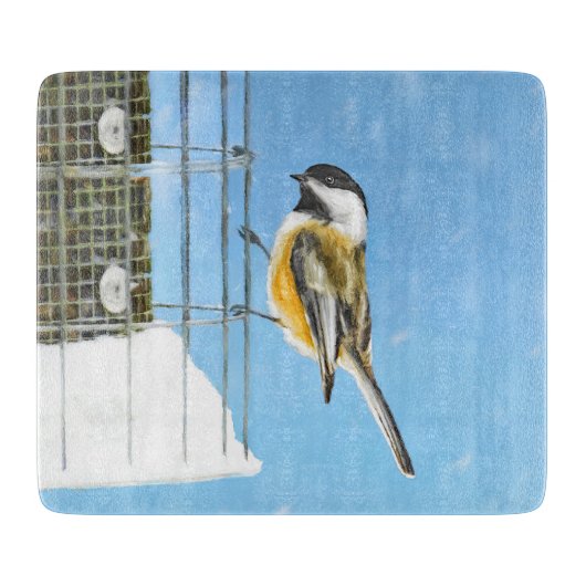 Chickadee on feeder Painting - Original Bird Art Snijplank (Voorkant)