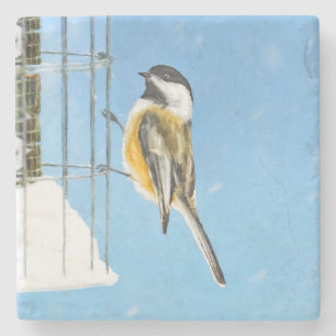 Chickadee on feeder Painting - Original Bird Art Stenen Onderzetter