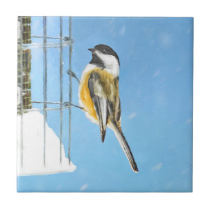 Chickadee on feeder Painting - Original Bird Art Tegeltje