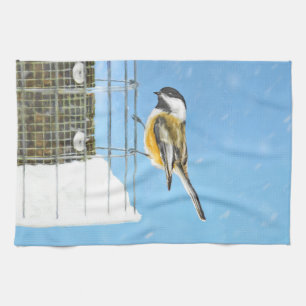 Chickadee on feeder Painting - Original Bird Art Theedoek