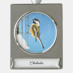 Chickadee on feeder Painting - Original Bird Art Verzilverd Banner Ornament