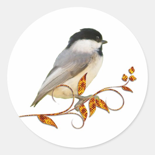 Chickadee on Jeweled Leaves Ronde Sticker (Voorkant)