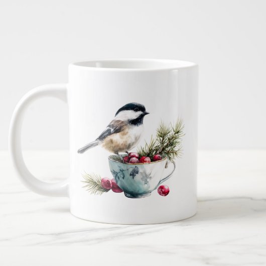 Chickadee on Teacup With Cranberries Grote Koffiekop (Links)