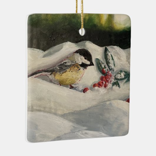 Chickadee on Winter Snow with Mistle-Toe Keramisch Ornament (Rechts)