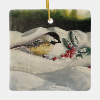 Chickadee on Winter Snow with Mistle-Toe Keramisch Ornament