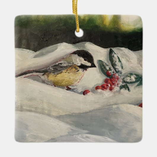 Chickadee on Winter Snow with Mistle-Toe Keramisch Ornament (Voorkant)