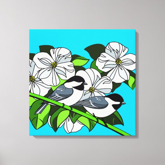 Chickadee onder Dogwood Flowers Canvas Afdruk (Voorkant)