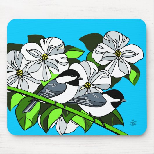 Chickadee onder Dogwood Flowers Muismat (Voorkant)