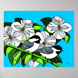 Chickadee onder Dogwood Flowers Poster
