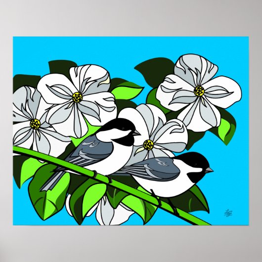 Chickadee onder Dogwood Flowers Poster (Voorkant)