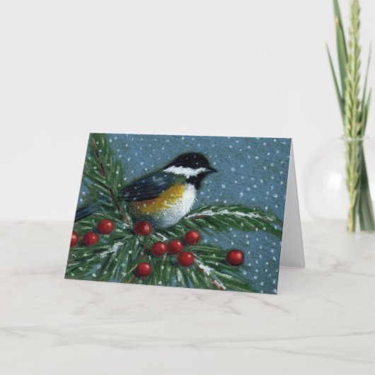 CHICKADEE OP BESNEEUWDE DENNENTAK FEESTDAGEN KAART (Voorkant)