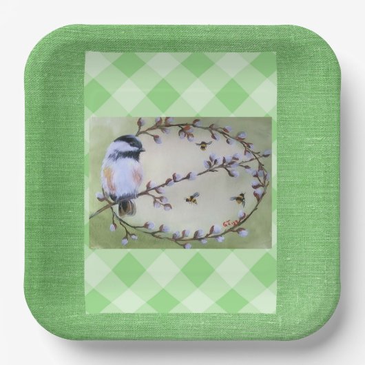 Chickadee Pussy Willows bijen Papieren Bordje (Voorkant)