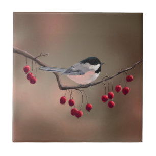 CHICKADEE & RED BERRIES 2 van SHARON SHARPE Tegeltje