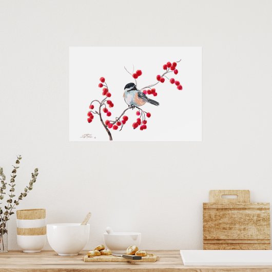 CHICKADEE & RED BERRIES by SHARON SHARPE Poster (Keuken)
