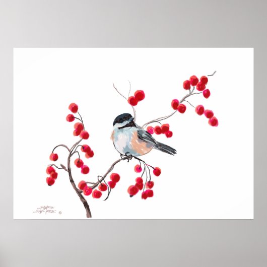 CHICKADEE & RED BERRIES by SHARON SHARPE Poster (Voorkant)