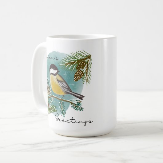 Chickadee Season's Greetings Holiday Coffee Mok (Voorkant links)