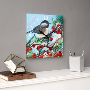 Chickadee Sweet Winter Bird Painting Vierkante Klok