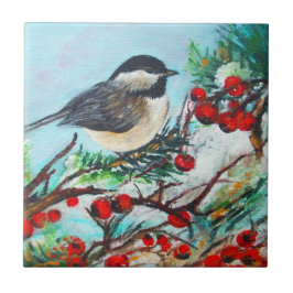 Chickadee-Sweet Winter Black Capped Chickadee Bird Tegeltje