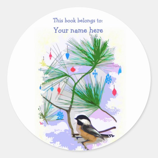 Chickadee Vogel in Boom Bookplate Ronde Sticker (Voorkant)