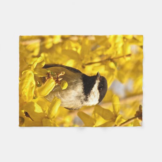 Chickadee Vogel in Gele Bloemen Fleece Deken (Voorkant (Horizontaal))