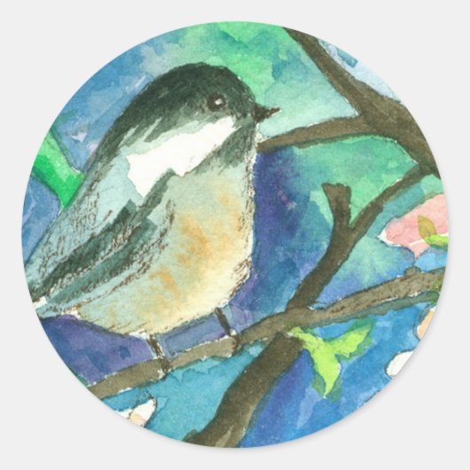 Chickadee Vogelboom takken Waterverf schilderij Ronde Sticker (Voorkant)