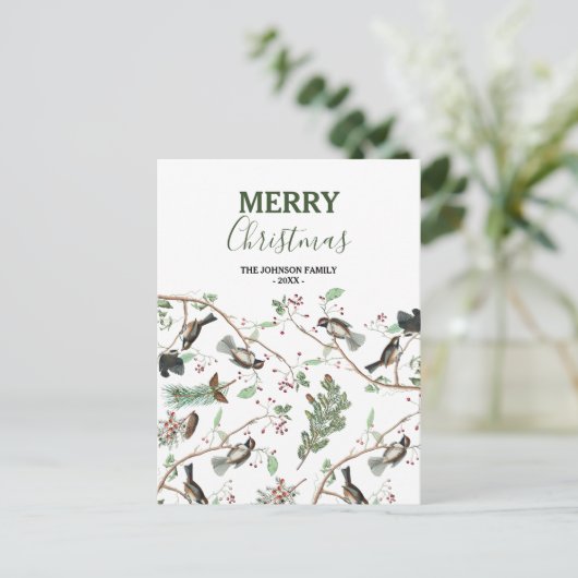 Chickadee Vogels Bessen & Pinecones Kerstmis Feestdagenkaart (Staand voorkant)