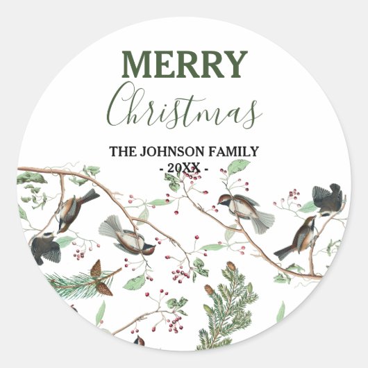 Chickadee Vogels Bessen & Pinecones Kerstmis Ronde Sticker (Voorkant)