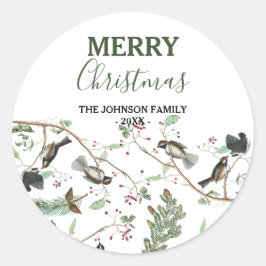 Chickadee Vogels Bessen & Pinecones Kerstmis Ronde Sticker