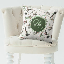 Chickadee Vogels Bessen & Pinecones Monogrammed Kussen