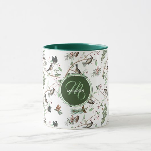 Chickadee Vogels Bessen & Pinecones Monogrammed Mok (Midden)