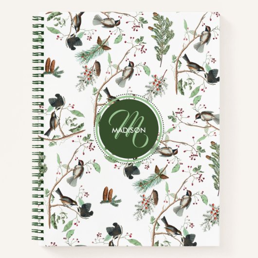 Chickadee Vogels Bessen & Pinecones Monogrammed Notitieboek (Voorkant)