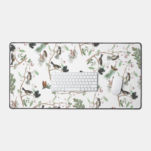 Chickadee Vogels Bessen & Pinecones Waterverf Bureaumat (Keyboard & Muis)