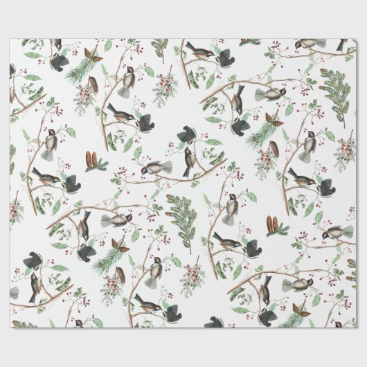 Chickadee Vogels Bessen & Pinecones Waterverf Cadeaupapier (Vlak)